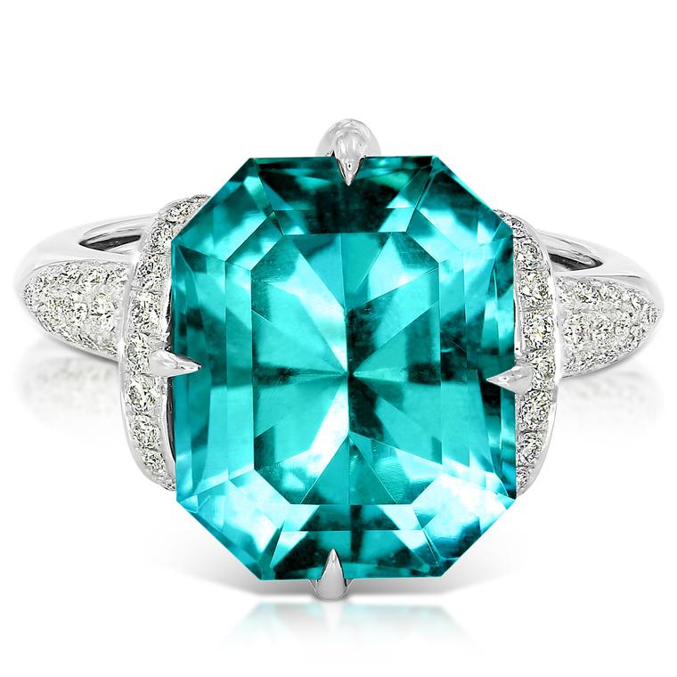Emerald-cut Carribean Blue apatite ring